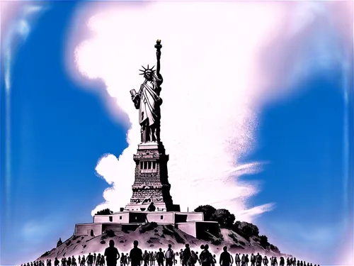 USA, North America, skyscrapers, urban landscape, modern architecture, sunny day, clear blue sky, American flag waving, diverse crowd, tourist attractions, iconic landmarks, Statue of Liberty, White H