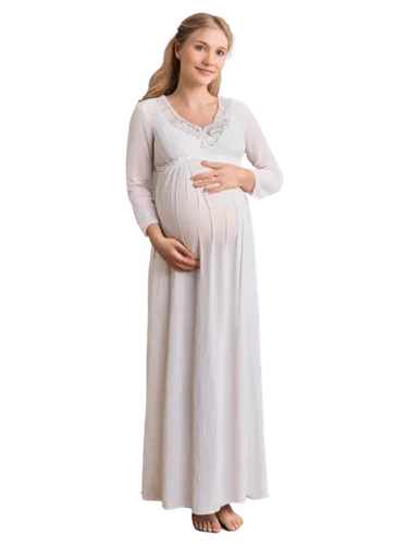 Pregnant lady, gentle smile, warm eyes, soft blonde hair, natural makeup, prominent belly, white maternity dress, flowy fabric, subtle wrinkles on face, delicate hands cradling belly, standing pose, 3