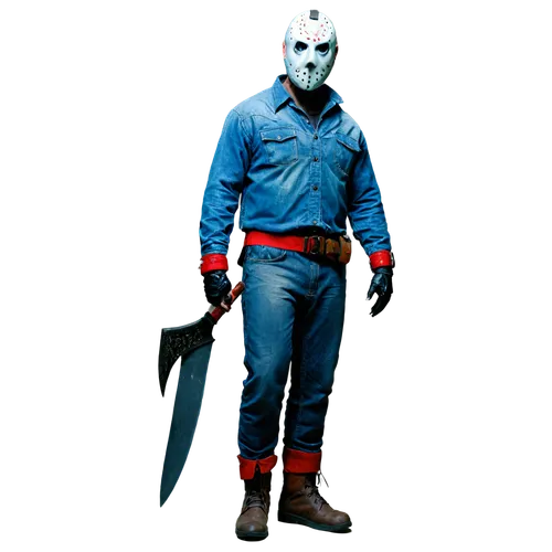 Jason Voorhees, horror character, Friday the 13th, machete in hand, intimidating pose, bloody mask, worn-out clothing, rugged boots, muscular build, aggressive facial expression, dark atmosphere, omin