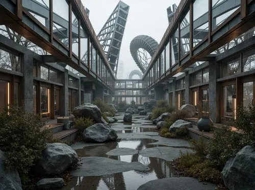 arcology,biospheres,environments,virtual landscape,scampia,ecotopia,waterside,industrial ruin,futuristic landscape,streamwood,apartment complex,graecorum,labyrinthian,sanatoriums,harborfront,serpentarium,render,microdistrict,winter garden,apartment block