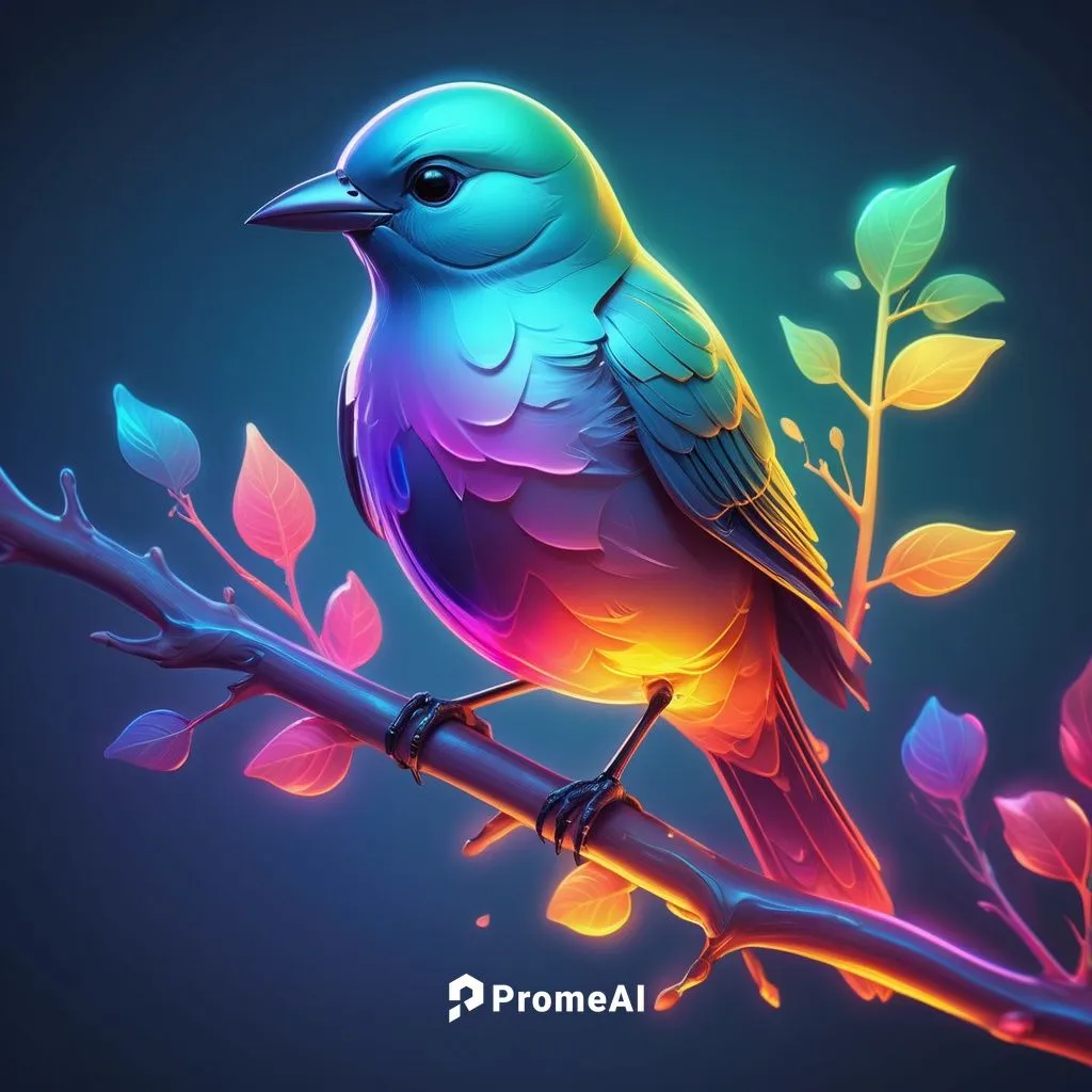 Colorful translucent icons, high quality, a bird sitting on branch, gradient background, glowing,colorful birds,flower and bird illustration,ornamental bird,colorful background,beautiful bird,bird pai