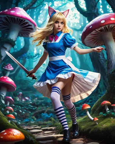 alice in wonderland,alice,wonderland,agaric,fantasy picture,3d fantasy,fairy forest,fairy world,fantasy girl,blue mushroom,toadstools,fairy village,mushroom landscape,nami,fairy tale character,fantasy world,hatter,fantasy art,club mushroom,magical adventure,Illustration,Vector,Vector 11