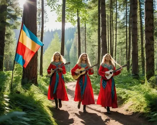 a group of powerful Russian female folk band, filled with colorful band members, march through a lush green forest. The stage is decorated with vibrant banners displaying their favorite song, and thei