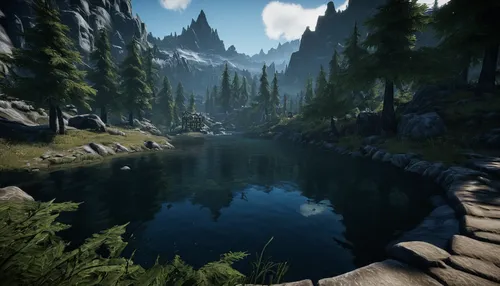 mountain spring,devilwood,ravine,underground lake,pond,skyrim,a small lake,the brook,mountain stream,alpine lake,upper water,northrend,moraine,water spring,riparian forest,clear stream,druid grove,tributary,fish pond,crescent spring,Illustration,Paper based,Paper Based 11