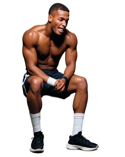 Bruised black skin, wounded leg, masculine, athletic build, muscular calf, scraped knee, bandaged shin, sportswear, sweatpants, white socks, worn-out sneakers, sitting on floor, clenching teeth in pai