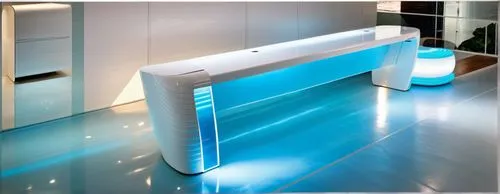 Design your counter. The overall colors are white and blue, and a blue line lights up at the bottom of the counter. The materials reflect the surrounding background. It has a clean and refreshing desi