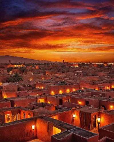 flaming mountains,marrakesh,ouarzazate,morocco,marrakech,atacama,the atacama desert,ait-ben-haddou,riad,san pedro de atacama,morocco lanterns,merzouga,göreme,albuquerque,atacama desert,pueblo,ait ben haddou,pink city,blocks of houses,warm colors,Illustration,Realistic Fantasy,Realistic Fantasy 40