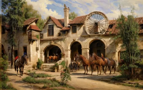 riding school,stables,caravanserai,equestrian center,horse stable,horse barn,man and horses,village scene,horse-drawn,medieval market,knight village,horse herd,horse supplies,medieval street,caravansary,horses,horse-drawn carriage,palo alto,horse herder,pony farm