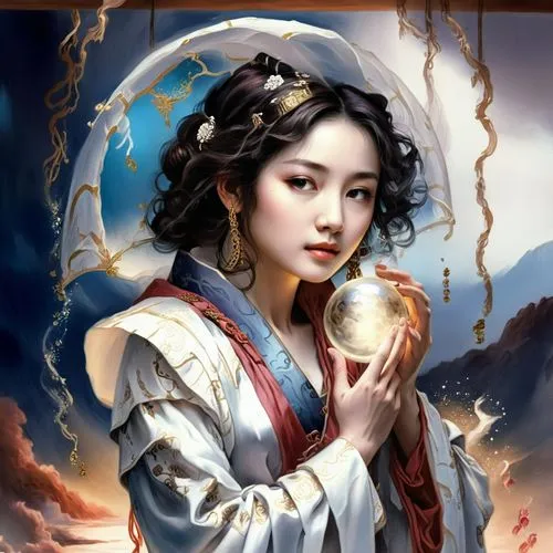 a lady with a glass ball in her hands,rongfeng,diaochan,sanxia,chuseok,zhiyuan,xiaofei,Illustration,Realistic Fantasy,Realistic Fantasy 01