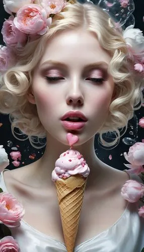 woman with ice-cream,confection,pink ice cream,whipped ice cream,sugar candy,sugary,Conceptual Art,Fantasy,Fantasy 11