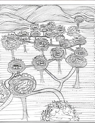 a drawing depicting the nches and foliages of an upside down tree,biomes,mushroom island,terraformed,mindmap,landscape plan,mushroom landscape,Design Sketch,Design Sketch,Hand-drawn Line Art