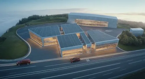 a building with doors and windows and people and road and cars,snohetta,epfl,solar cell base,solar power plant,voestalpine,karbovanets,thyssenkrupp,globalfoundries,synchrotron,bjarke,3d rendering,skol