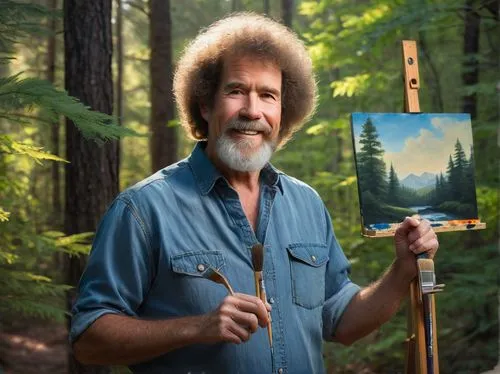 artist portrait,wolf bob,painting technique,photo painting,farmer in the woods,free wilderness,forest man,woodsman,afro-american,painter,grove of trees,artistic portrait,self-portrait,cartoon forest,custom portrait,tree man,bob,holding a frame,spruce forest,redwoods,Photography,Documentary Photography,Documentary Photography 34