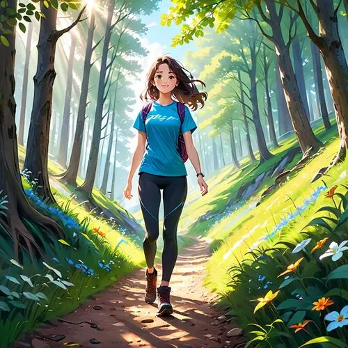 forest walk,forest path,walk in a park,in the forest,trail,female runner,world digital painting,girl in t-shirt,studio ghibli,walk,walking,forest background,girl walking away,hiking,pathway,hike,digital painting,hiker,stroll,morning walk,Anime,Anime,General