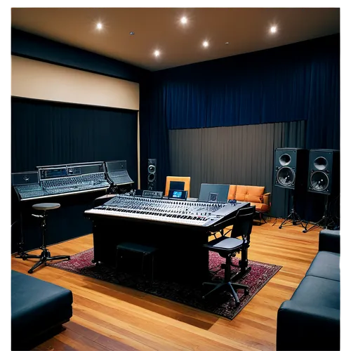 Recording studio, dim lighting, soundproofing panels, mixing console, microphones, headphones, acoustic guitars, drum sets, keyboards, music stands, wooden floor, comfortable couch, modern interior de