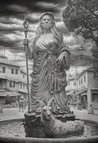 black and white po of the witch statue with a dog laying on the water,guanyin,sankaracharya,varahamihira,ksitigarbha,bodhgaya,vidyapati,Art sketch,Art sketch,Ultra Realistic