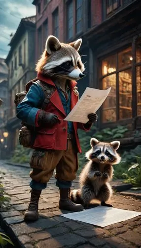 the anime character holding a piece of paper as a raccoon, in the style of max rive, detailed costumes, luke fildes, red and brown, realist detail, tarō okamoto, cinestill 50d,a person in a red jacket