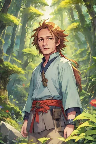 forest man,farmer in the woods,forest background,forest king lion,mountain spring,the wanderer,robin hood,mountain guide,tarzan,forest clover,portrait background,mountain spirit,spring background,in the forest,wanderer,male elf,adventurer,japanese sakura background,chestnut forest,chestnut blossom,Digital Art,Anime