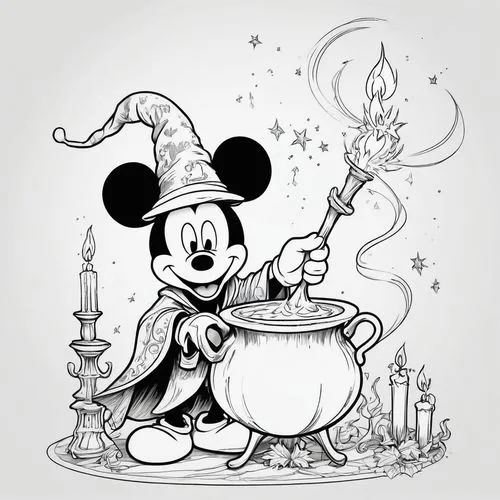 A black-and-white coloring page featuring a cartoon character Mickey Mouse dressed as a whimsical wizard with a pointy hat and cape, holding a wand over a bubbling cauldron. The environment includes c