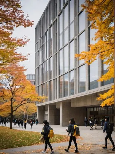 Pratt Institute, New York City, modern architecture building, brutalist style, geometric shapes, concrete walls, large windows, urban campus, students walking, backpacks, laptops, coffee cups, fall se