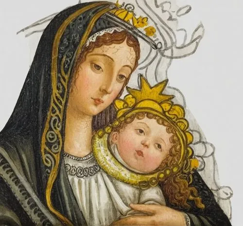 Imagen de la Virgen de la Merced con niño en estilo de pintura al oleo,a painting of an image of mary holding a child,mother of perpetual help,crivelli,theotokis,the prophet mary,mama mary,scapulars,A