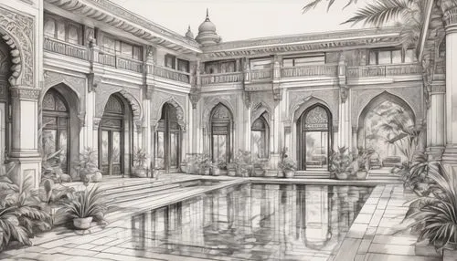 water palace,bathhouse,marble palace,dorne,mansion,bathhouses,white temple,penciling,city palace,asian architecture,thermae,swimming pool,courtyards,pool house,palaces,the palace,mamounia,alcazar of seville,artemis temple,conservatory,Illustration,Black and White,Black and White 30