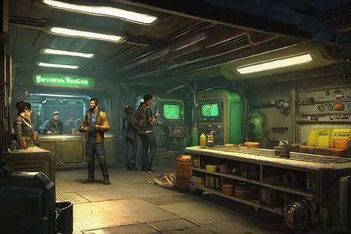 fallout shelter,fallout4,fallout,sci fi surgery room,auto repair shop,garage,fresh fallout,research station,convenience store,drinking establishment,gas-station,shipyard,electric gas station,barber shop,salvage yard,automobile repair shop,junkyard,bus garage,neon human resources,gold bar shop,Conceptual Art,Sci-Fi,Sci-Fi 23