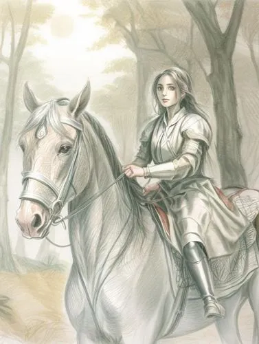 a woman from England in a lovely sporty pose holding horse,a drawing of a woman riding on the back of a white horse,glorfindel,fingolfin,joan of arc,faramir,finrod,noldor