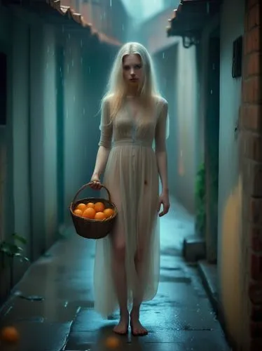 The picture shows a young woman with long, platinum blonde hair standing in a narrow, dark corridor or street. It is raining lightly, creating a gloomy, mysterious atmosphere. The woman is wearing a l