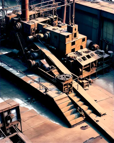 Abandoned factory interior, dimly lit, broken machinery, rusty pipes, old control panels, cracked concrete floor, peeling paint walls, dusty air, worn wooden crates, broken windows, metal catwalks, in