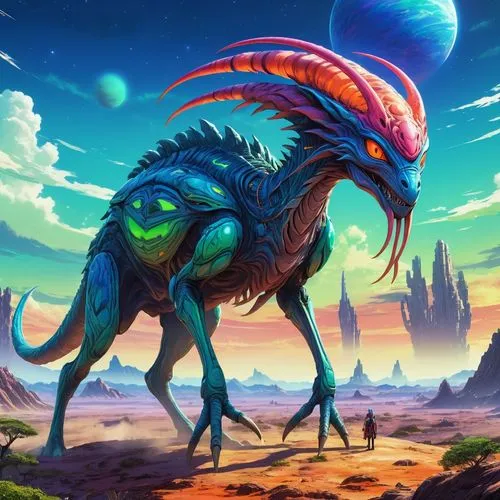 wehrung,fantasy animal,cynorhodon,wildstar,cuthulu,painted dragon,jawhara,barghuti,taittiriya,aereon,heliox,argus,kantauri,nebulosus,altiplano,telos,alien planet,fantasy art,planet alien sky,mondragone,Illustration,Japanese style,Japanese Style 03