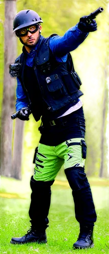 muscular man, athletic wear, helmet, goggles, mask, paint-splattered vest, camouflage pants, knee pads, combat boots, holding gun, shooting pose, dynamic movement, outdoor scenery, sunny day, green gr