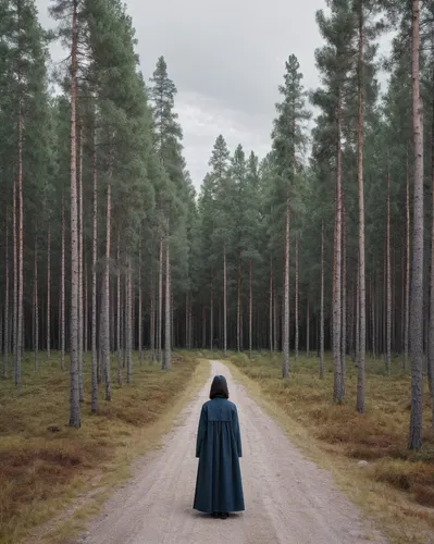 woman walking,girl with tree,girl walking away,conceptual photography,photomanipulation,photo manipulation,pilgrimage,cloak,forest road,praying woman,forest walk,forest path,the woods,the girl next to the tree,the wanderer,andreas cross,wanderer,the path,hooded man,girl in a long