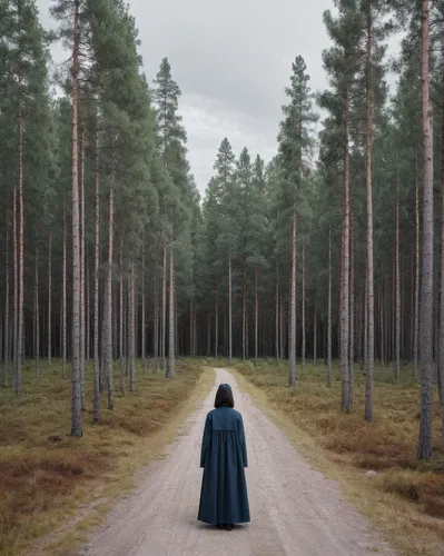 woman walking,girl with tree,girl walking away,conceptual photography,photomanipulation,photo manipulation,pilgrimage,cloak,forest road,praying woman,forest walk,forest path,the woods,the girl next to