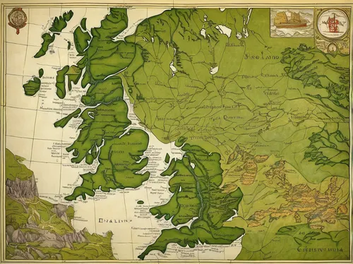 Create a serene map of England and Scotland with rich green landscapes,orkney island,northern ireland,donegal,old world map,northern longear,shetlands,the continent,north of scotland,isle of may,scotl