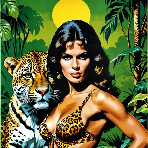 "darla, queen of the jungle", 70's movie poster, action, venezuelan woman, credit title, lucas film, warhol, pop art, leopard,tretchikoff,tigress,exotic animals,tigra,panthera,eldena,leopardskin,elfqu