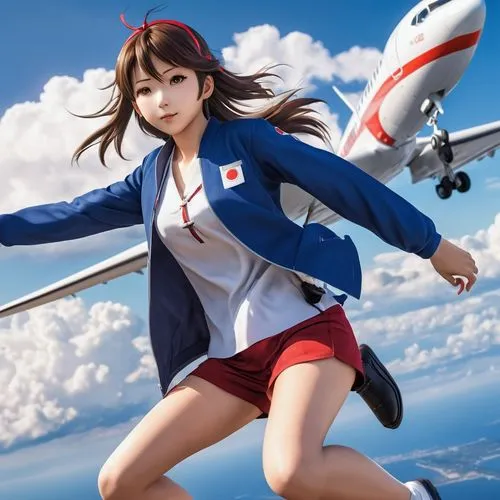 flying anime character,japanese style,girl,plane,an anime girl with luggage and a plane in the background,akagi,jal,delta sailor,sakazaki,stewardess,amagi,Photography,General,Realistic