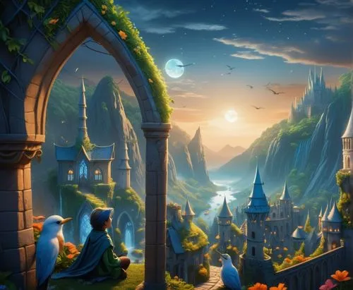 The young green wizard sits next to his young pupil the blue wizard to stare the magical valley where they live, down infornt of them grows the elfic elven blue castle in Lothlorien Rivendell elfic st