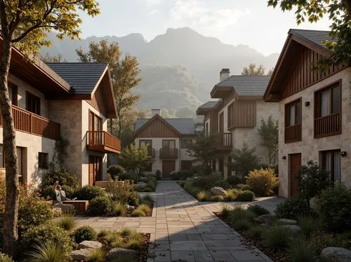 Rustic earthy terrain, natural stone walls, wooden accents, steeply pitched roofs, charming chimneys, overhanging eaves, cozy balconies, ornate wooden doors, vintage windows, traditional building form