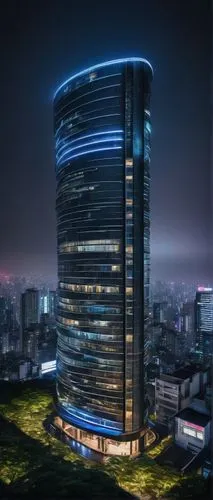 Modern futuristic skyscraper, sleek metallic exterior, curved lines, neon lights, rooftop garden, infinity pool, luxurious penthouse, cityscape view, Tokyo metropolitan area, rainy night, misty atmosp