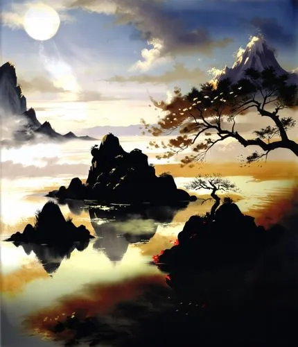 there is a painting on display with an island in the water,landscape background,world digital painting,japan landscape,japanese art,oriental painting,japanese mountains,Illustration,Paper based,Paper 