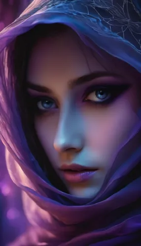 an artistic po of a girl with blue eyes and purple shawl,violet eyes,violaceous