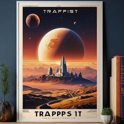 Travel Poster for TRAPPIST-1 d, ART DECO, SCI-FI,trapfiets,travel poster,metropolis,troopship,poster mockup,exoplanet,tramp,space art,troop,tapestry,utopian,space travel,mission to mars,map silhouette