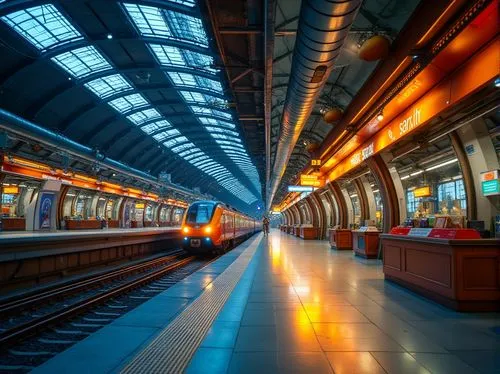 Vibrant train station, modern architecture, curved lines, bold typography, bright LED lights, dynamic signage, urban cityscape, bustling atmosphere, morning commute, rush hour energy, warm natural lig