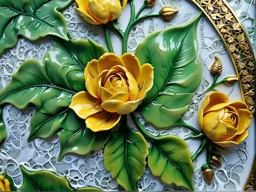 water lily plate,decorative plate,floral ornament,art nouveau,enamelled,art nouveau design,vintage china,wall plate,glass painting,flower painting,embroidered leaves,bell plate,gilding,rococo,circular ornament,vintage embroidery,art nouveau frame,decorative flower,wooden plate,lotus leaves,Photography,General,Realistic