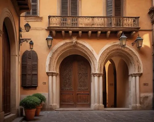 Florence-style architecture, historic building, ornate facade, terracotta rooftiles, stone walls, arched windows, grand entrance, marble columns, intricate carvings, Gothic style, Renaissance influenc