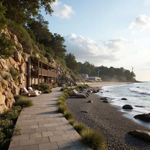 beachfront,shorefront,render,oceanfront,house by the water,esalen,shoreline,shoreside,cryengine,seaside view,3d rendering,wood and beach,lefay,coastline,cliffside,renders,beachside,tadoussac,summer cottage,beach house