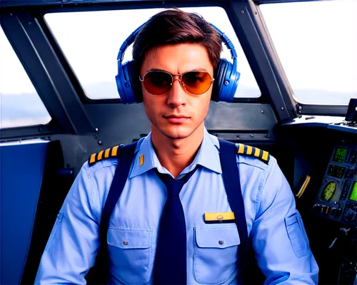 Airplane, cockpit view, pilot seat, control yoke, navigation instruments, headphones, blue uniform, aviator sunglasses, serious expression, morning sunlight, soft focus, shallow depth of field, realis