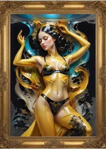 Leinwand fängt die Essenz des Kontrasts ein Bilderrahmen süpergold ,a beautiful woman in lingerie in an ornate gold frame,gold foil mermaid,gold frame,golden frame,sirena,gold paint stroke,baoshun