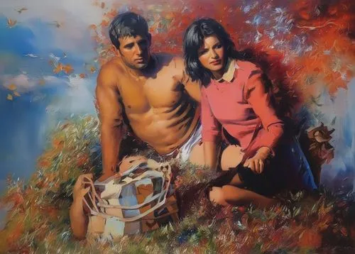 young couple,indigenous painting,indian art,oil painting,oil painting on canvas,girl and boy outdoor,aboriginal culture,adam and eve,man and wife,art painting,indigenous culture,two people,oil on canvas,indian summer,italian painter,autumn idyll,khokhloma painting,romantic portrait,photo painting,the autumn,Illustration,Paper based,Paper Based 04